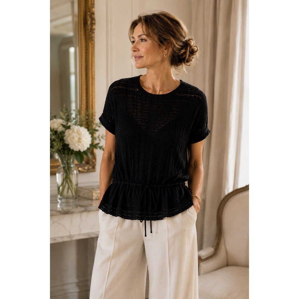 Banana Republic Silk Cashmere Open Knit Top Black Drawstring Waist M